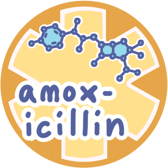 a yellow circle with a large medical alert asterisk inside it, and pictured in the centre is the label amoxicillin and the molecular symbol for it.